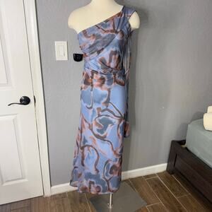 ASOS DESIGN midi dress with wrap around one shoulder in floral print, M